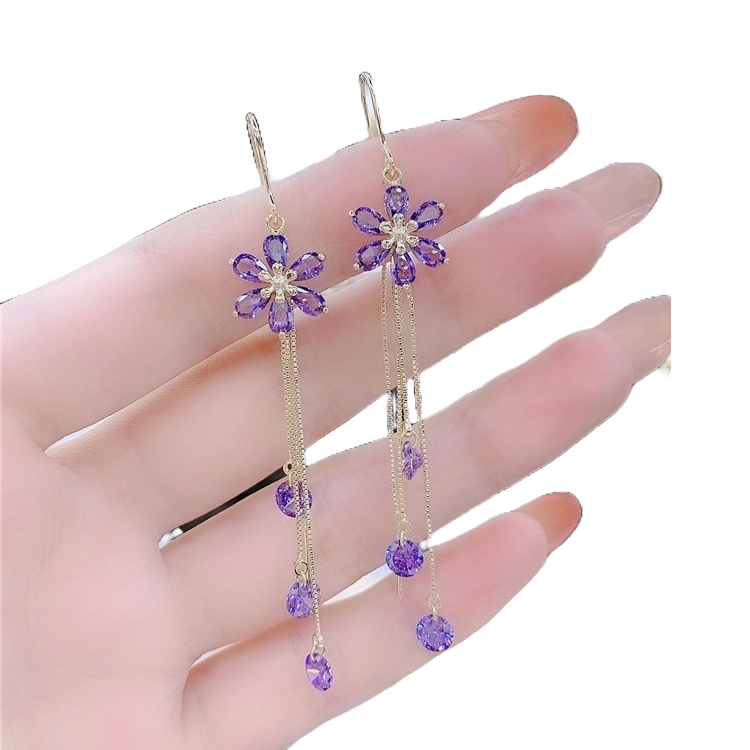 Purple Crystal Flowers All-match South Korea Earrings