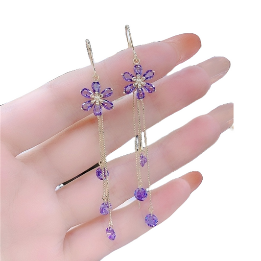 Purple Crystal Flowers All-match South Korea Earrings